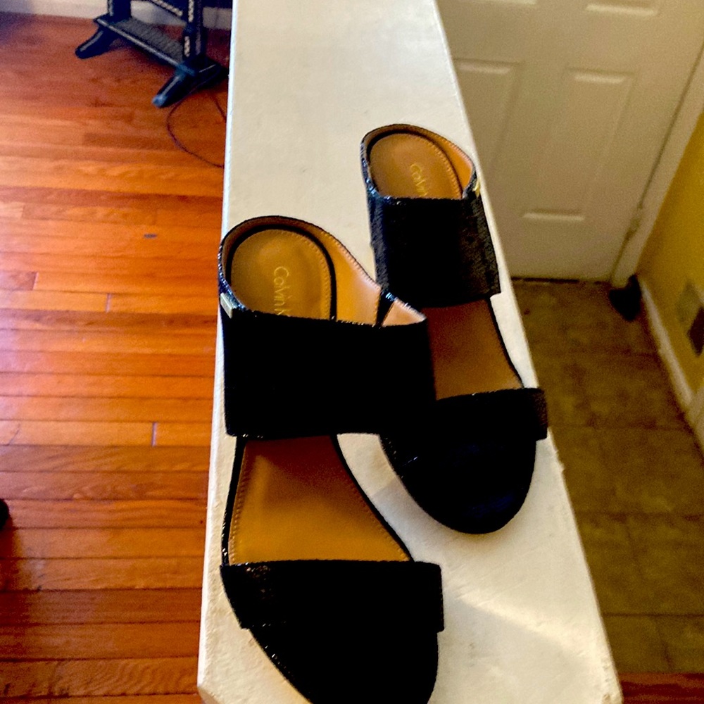 Calvin Klein Black sandals with 2” heel black slip on open toe size 10 with Logo
